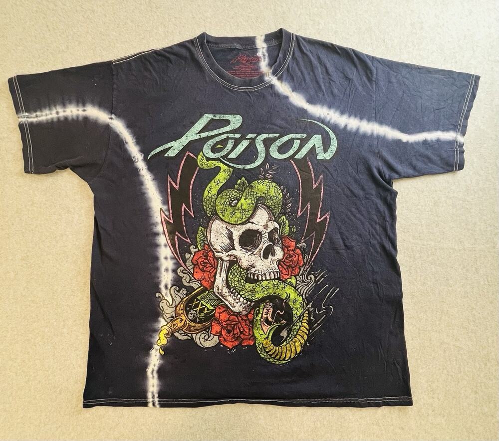 Poison Rock Band Skull Snake Roses Concert Tour T-Shirt Navy Blue Shirt Size XL